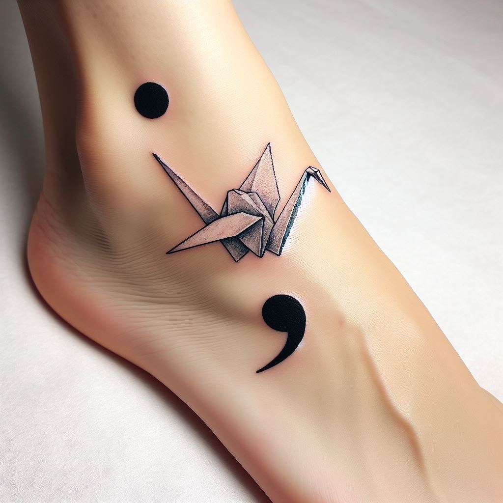 A semicolon tattoo that transforms into an origami crane, positioned elegantly around the ankle. This design symbolizes hope, healing, and the wish for peace, with the origami crane emerging from the semicolon to signify the beauty of unfolding life's journey.