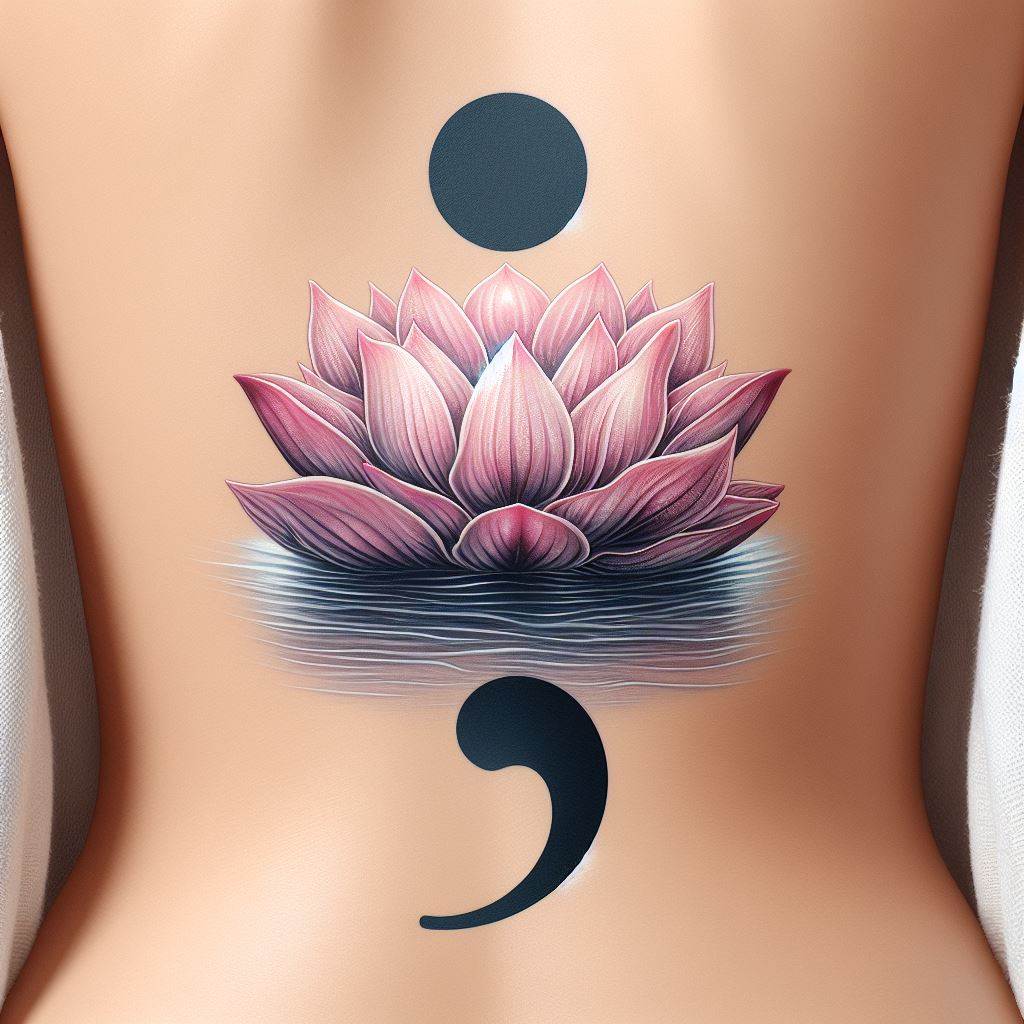A depiction of a semicolon seamlessly integrated into a lotus flower design on the lower back. The lotus flower, emerging from murky waters into a beautiful bloom, represents purity, enlightenment, and rebirth, paralleling the semicolon's message of continuation and growth.