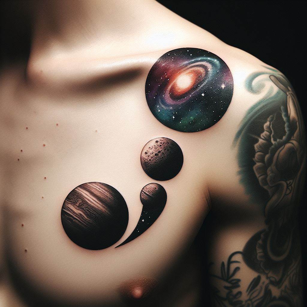 A semicolon tattoo with the planets of the solar system orbiting around it, placed on the upper arm. This cosmic design symbolizes the grandeur of the universe and one's journey through space and time, with the semicolon punctuating the vastness of space.