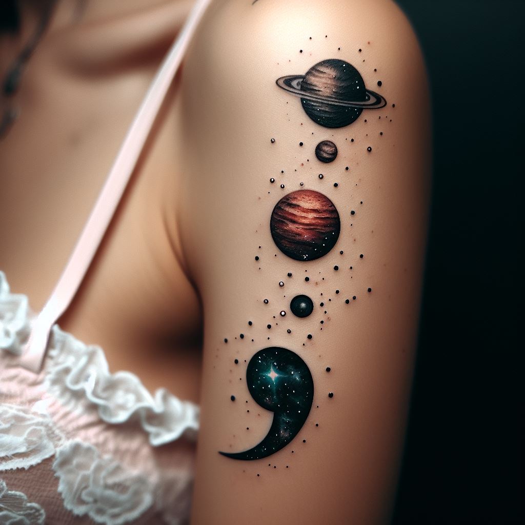 A semicolon tattoo with the planets of the solar system orbiting around it, placed on the upper arm. This cosmic design symbolizes the grandeur of the universe and one's journey through space and time, with the semicolon punctuating the vastness of space.