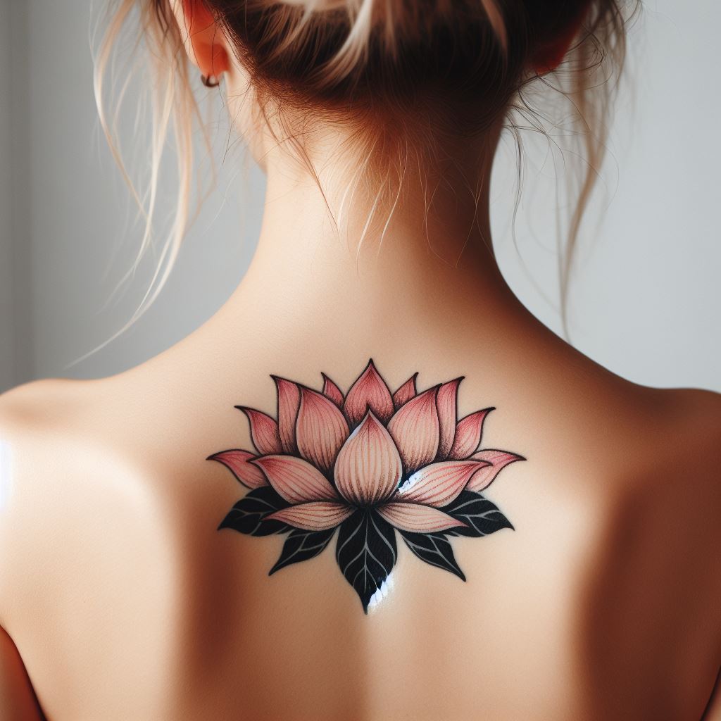 A delicate lotus flower tattoo at the back of a woman's neck, its petals open, symbolizing purity, enlightenment, and rebirth.