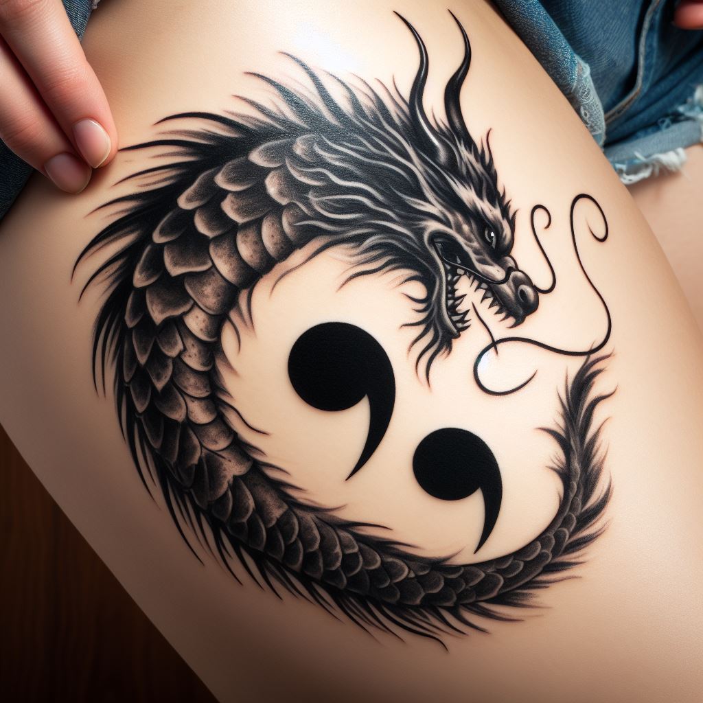 A semicolon that becomes part of a dragon's body, tattooed on the thigh. The dragon represents strength, wisdom, and the power to overcome challenges, with the semicolon marking the dragon's heart, emphasizing resilience and the courage to continue.