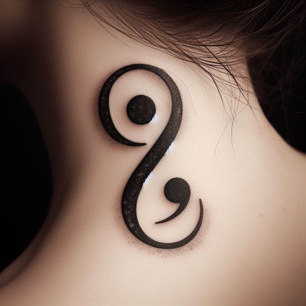 A semicolon incorporated into an infinity symbol, tattooed on the side of the neck. This design intertwines the concepts of endless possibility and continuity, with the semicolon anchoring the infinite journey of life and personal growth.