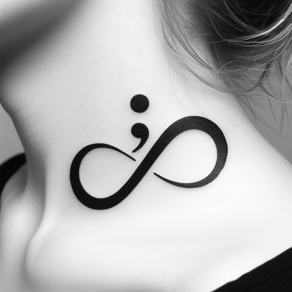 A semicolon incorporated into an infinity symbol, tattooed on the side of the neck. This design intertwines the concepts of endless possibility and continuity, with the semicolon anchoring the infinite journey of life and personal growth.
