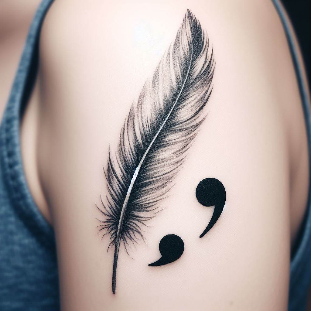 A semicolon where the dot transitions into a feather, located on the inner bicep. The feather symbolizes freedom, truth, and lightness of being, with the semicolon emphasizing the moment of liberation and the readiness to take flight.