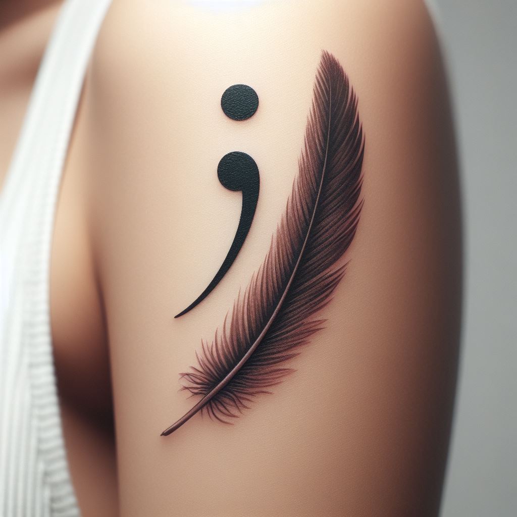 A semicolon where the dot transitions into a feather, located on the inner bicep. The feather symbolizes freedom, truth, and lightness of being, with the semicolon emphasizing the moment of liberation and the readiness to take flight.