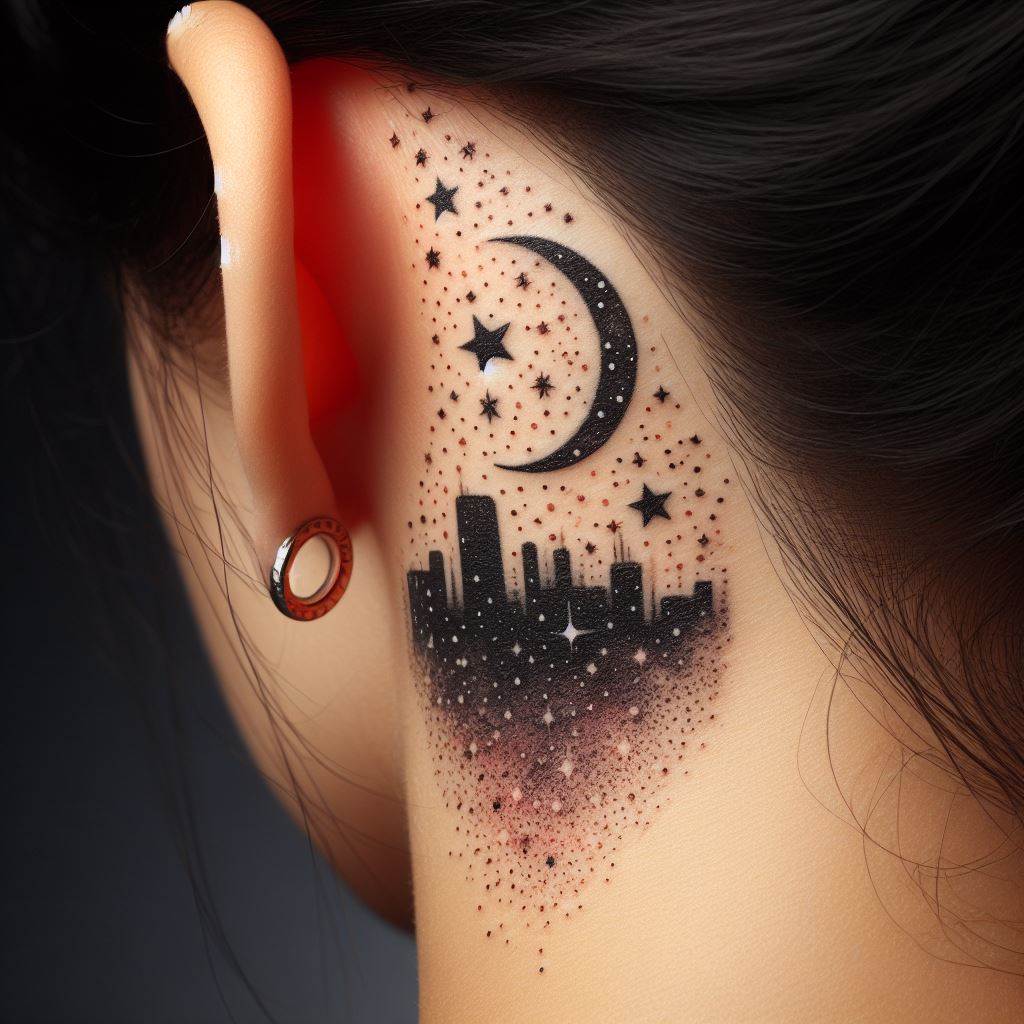A small, intricate depiction of a starry night sky tattooed just behind a woman's ear, symbolizing mystery and dreams, with tiny stars and a crescent moon.