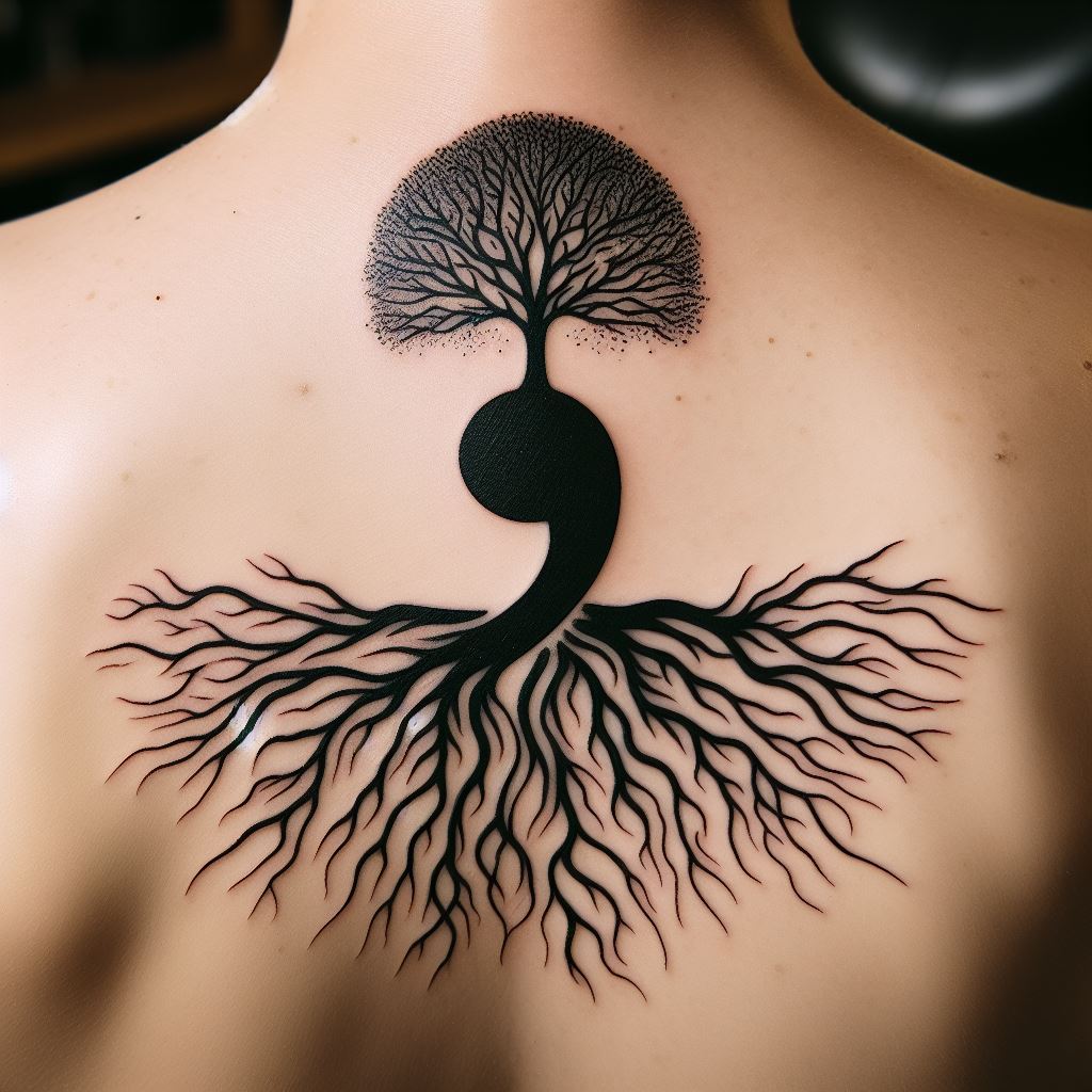 A semicolon that forms the roots or trunk of a Tree of Life, tattooed across the back. This design symbolizes connection, growth, and the cycle of life, with the semicolon serving as the foundation from which new life and experiences grow.