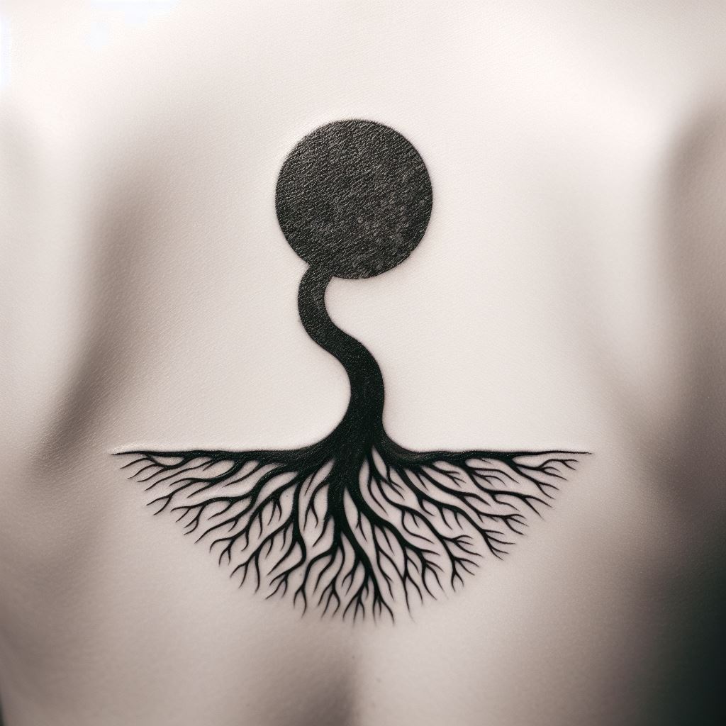 A semicolon that forms the roots or trunk of a Tree of Life, tattooed across the back. This design symbolizes connection, growth, and the cycle of life, with the semicolon serving as the foundation from which new life and experiences grow.