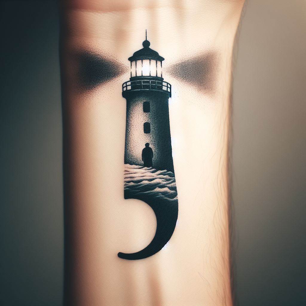 A semicolon incorporated into a lighthouse standing steadfast on the forearm. The lighthouse represents guidance, safety, and the light leading through dark times, with the semicolon marking the pause before finding the way forward.