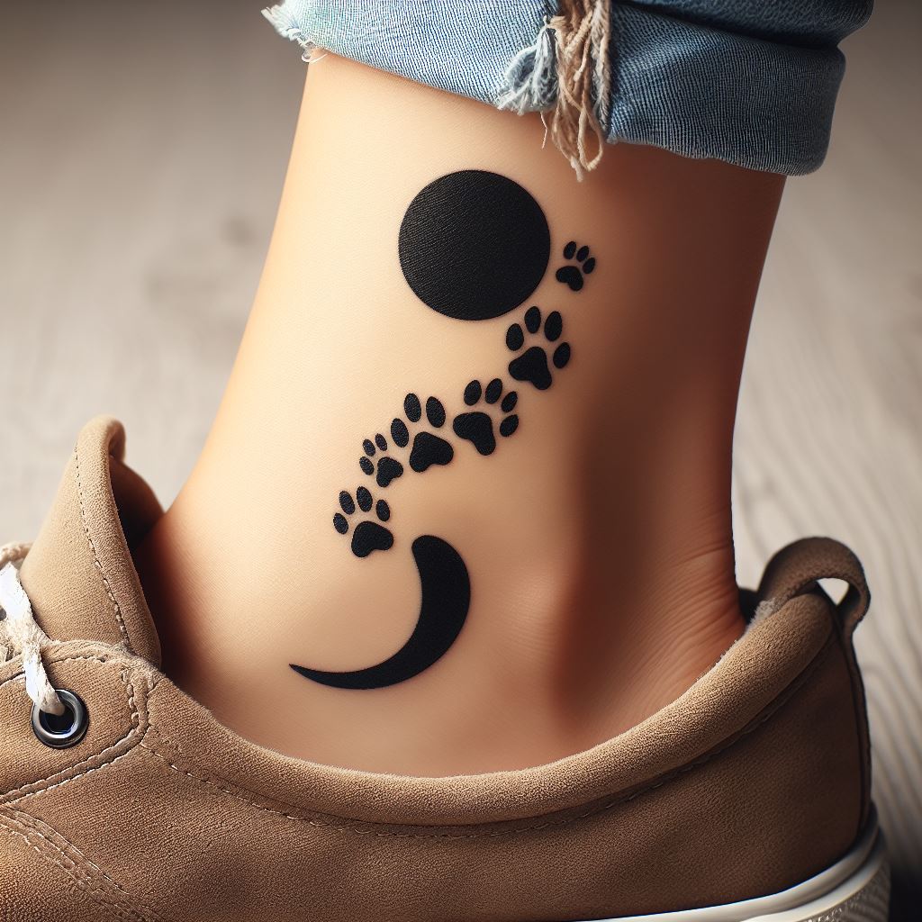 A semicolon that merges with a series of animal paw prints, located on the calf. This design symbolizes a love for animals and the journey shared with pets, with the semicolon signifying the ongoing companionship and the marks they leave on our lives.