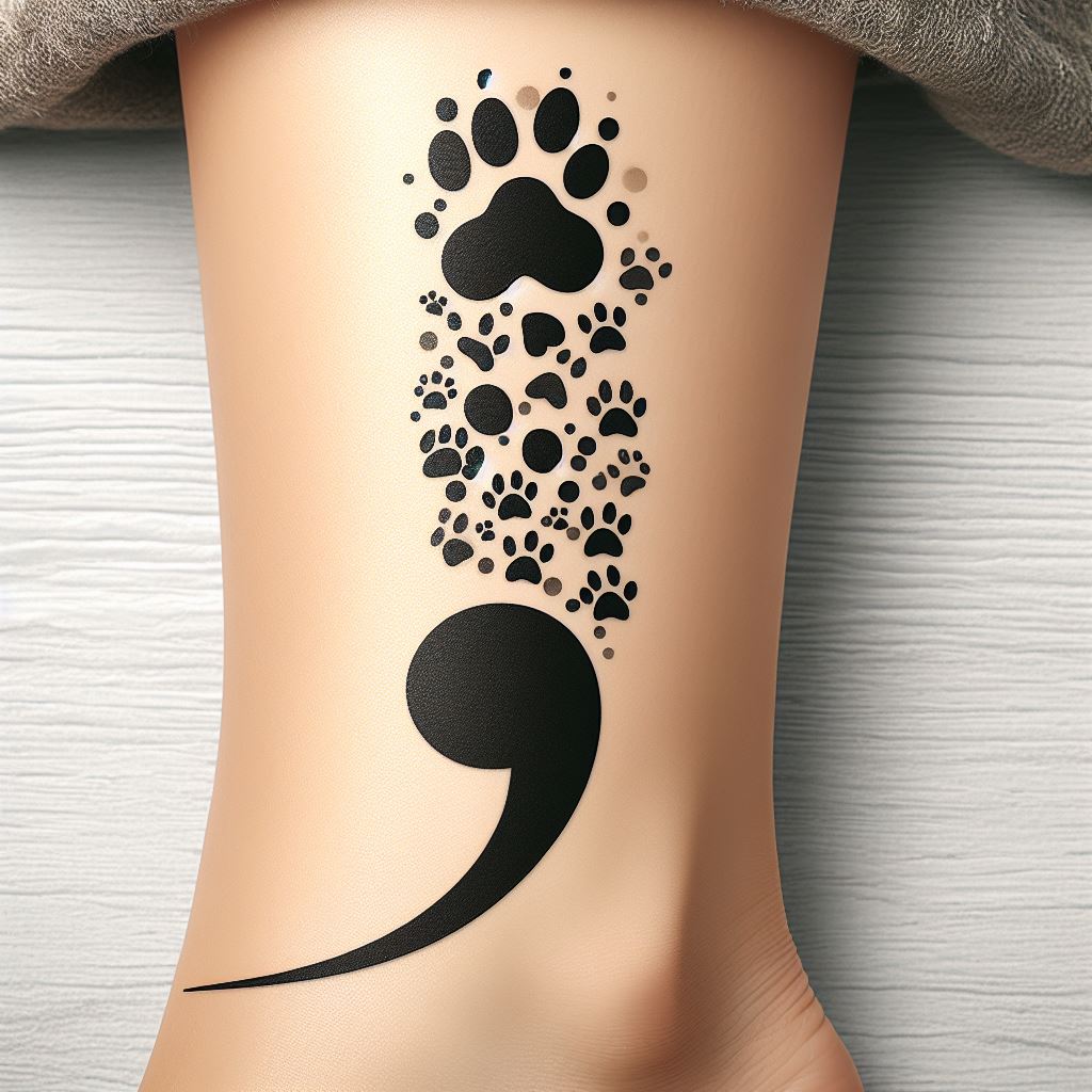 A semicolon that merges with a series of animal paw prints, located on the calf. This design symbolizes a love for animals and the journey shared with pets, with the semicolon signifying the ongoing companionship and the marks they leave on our lives.
