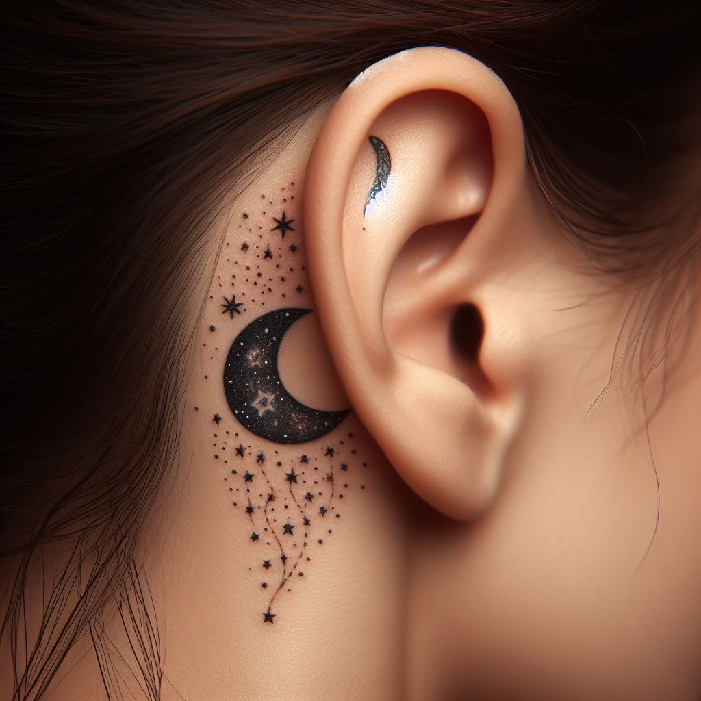 A small, intricate depiction of a starry night sky tattooed just behind a woman's ear, symbolizing mystery and dreams, with tiny stars and a crescent moon.