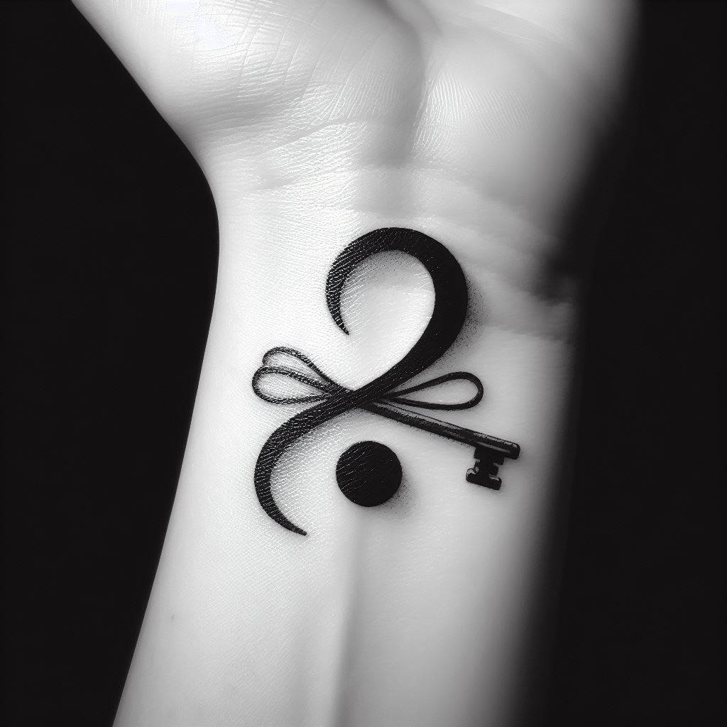 A depiction of a semicolon where the dot is the bow of a key, tattooed on the side of the wrist. This design represents unlocking new chapters in life and the personal strength to open doors to new beginnings, with the semicolon marking the pivotal moment of unlocking potential.