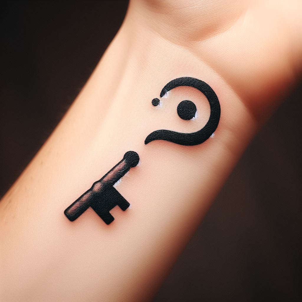 A depiction of a semicolon where the dot is the bow of a key, tattooed on the side of the wrist. This design represents unlocking new chapters in life and the personal strength to open doors to new beginnings, with the semicolon marking the pivotal moment of unlocking potential.
