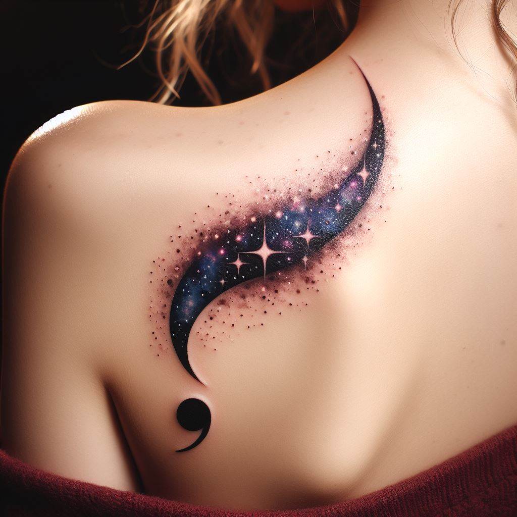 A semicolon integrated into the trail of a shooting star, tattooed across the shoulder. This celestial design symbolizes wishes, dreams, and the pursuit of aspirations, with the semicolon highlighting the courage to chase these dreams despite obstacles.