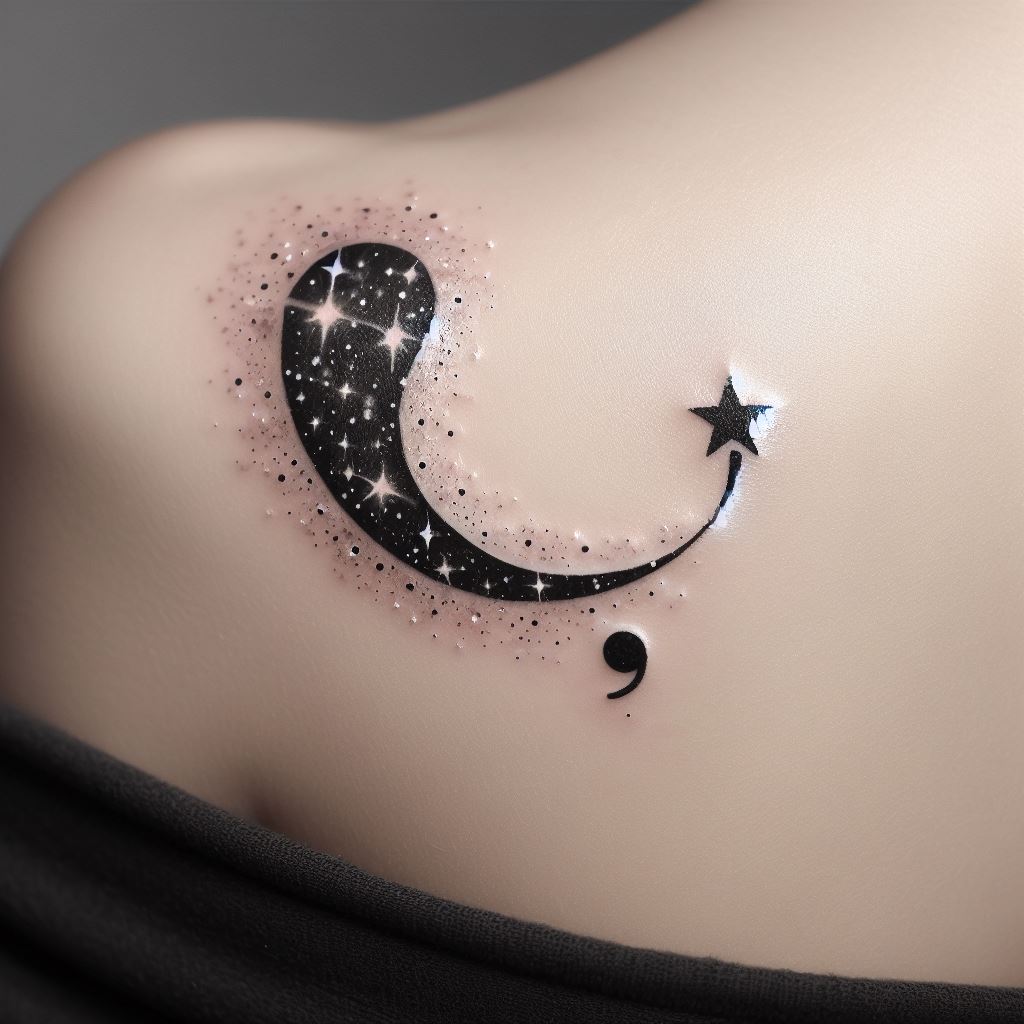 A semicolon integrated into the trail of a shooting star, tattooed across the shoulder. This celestial design symbolizes wishes, dreams, and the pursuit of aspirations, with the semicolon highlighting the courage to chase these dreams despite obstacles.