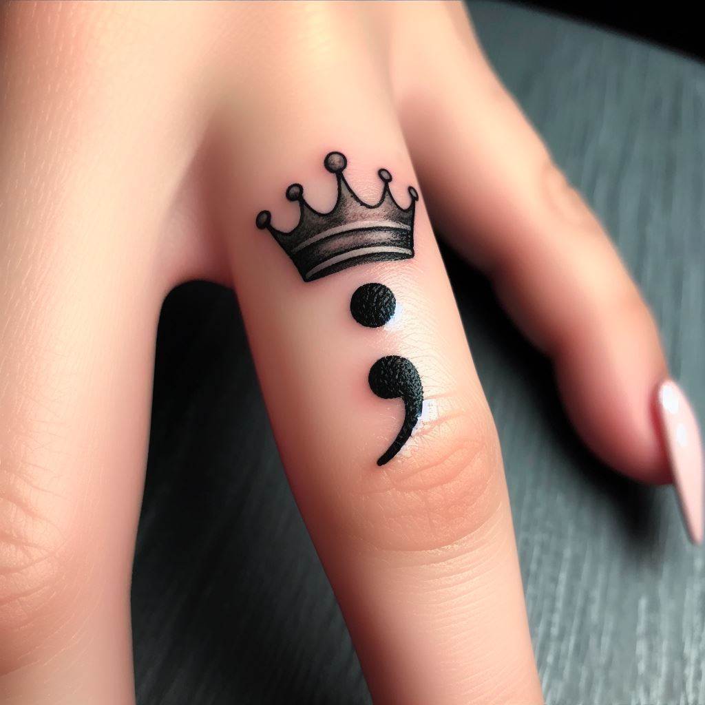 A small semicolon tattoo with a crown sitting atop the dot, located on the side of a finger. This regal design signifies self-empowerment, dignity, and the sovereignty over one's life journey, with the semicolon marking the reign over personal challenges.