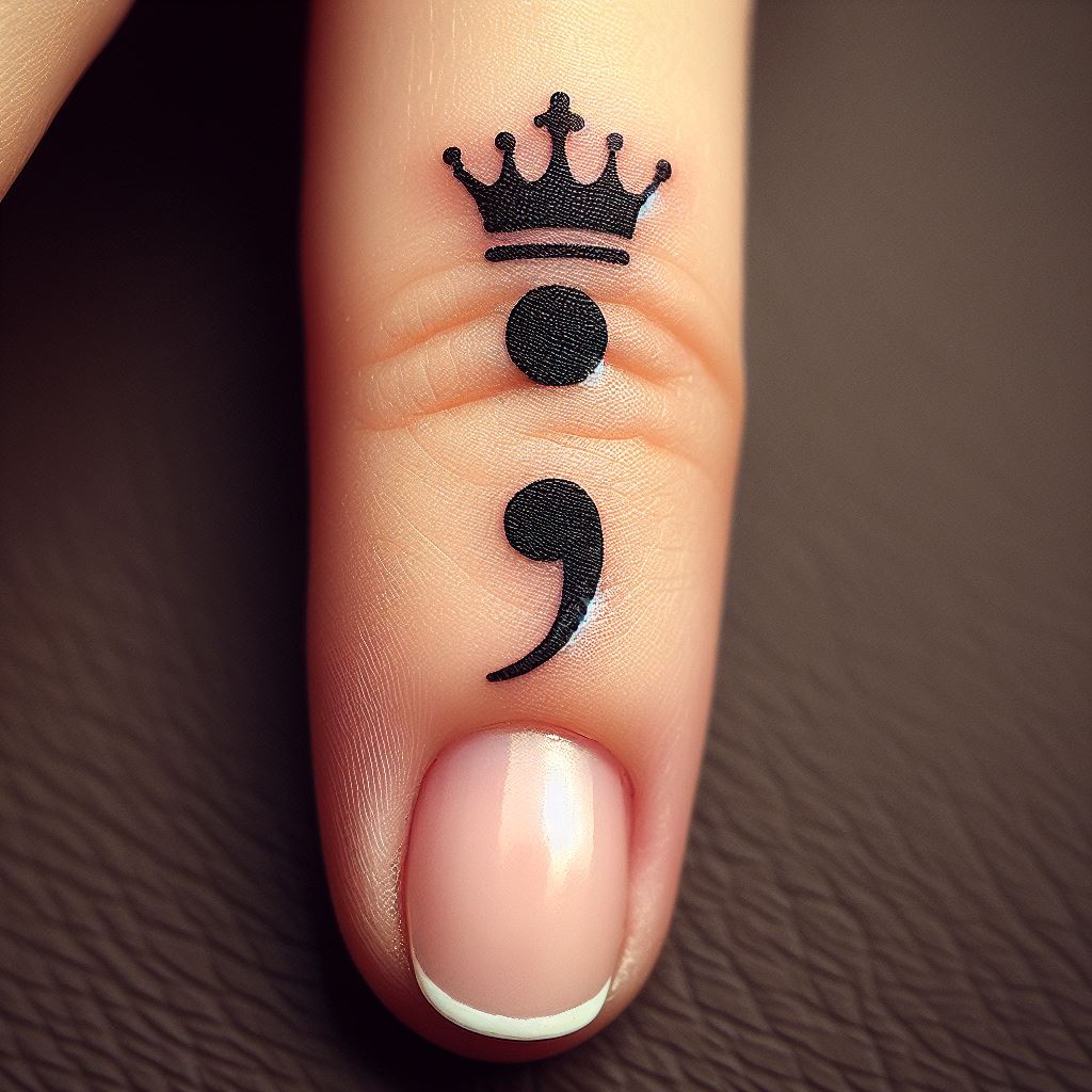A small semicolon tattoo with a crown sitting atop the dot, located on the side of a finger. This regal design signifies self-empowerment, dignity, and the sovereignty over one's life journey, with the semicolon marking the reign over personal challenges.