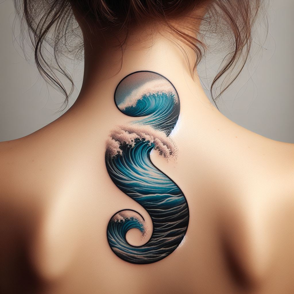A semicolon with its form blending into the crest of ocean waves, tattooed at the back of the neck. This design reflects resilience, the ebb and flow of life, and the calm and storm in personal journeys, with the semicolon symbolizing steadiness amidst change.