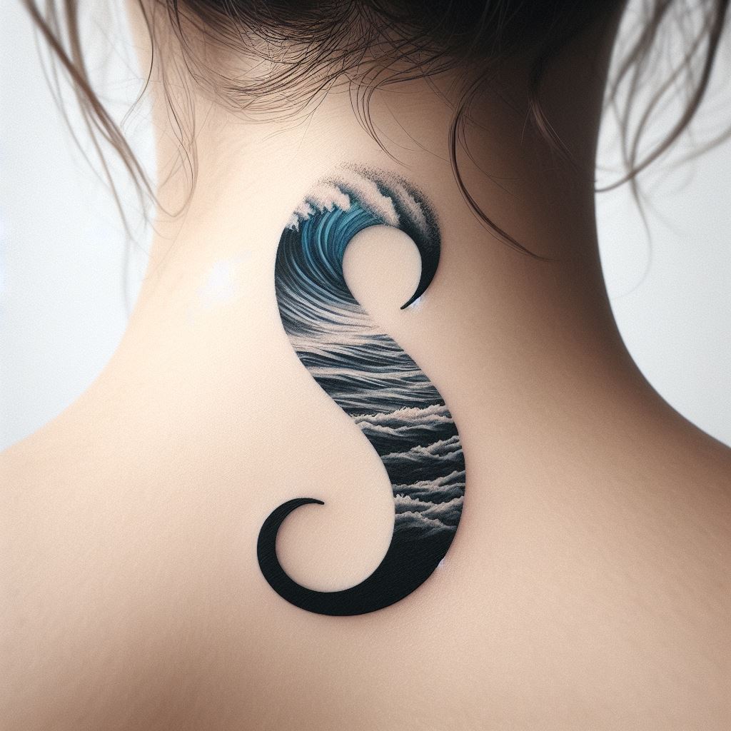 A semicolon with its form blending into the crest of ocean waves, tattooed at the back of the neck. This design reflects resilience, the ebb and flow of life, and the calm and storm in personal journeys, with the semicolon symbolizing steadiness amidst change.