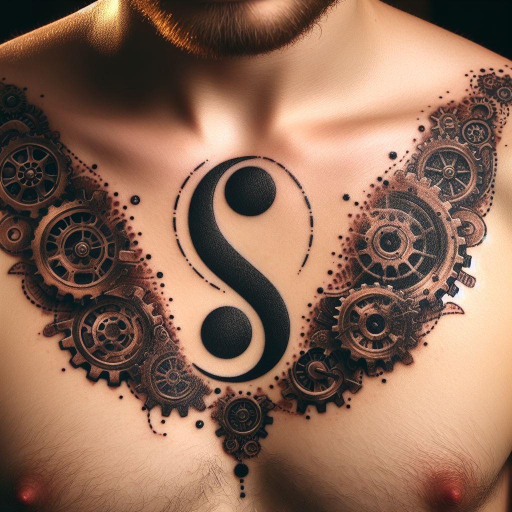A semicolon incorporated into an intricate design of mechanical gears, tattooed on the upper chest. This steampunk-inspired design suggests the complexity of life and the inner workings of personal growth, with the semicolon emphasizing the interconnection of experiences.
