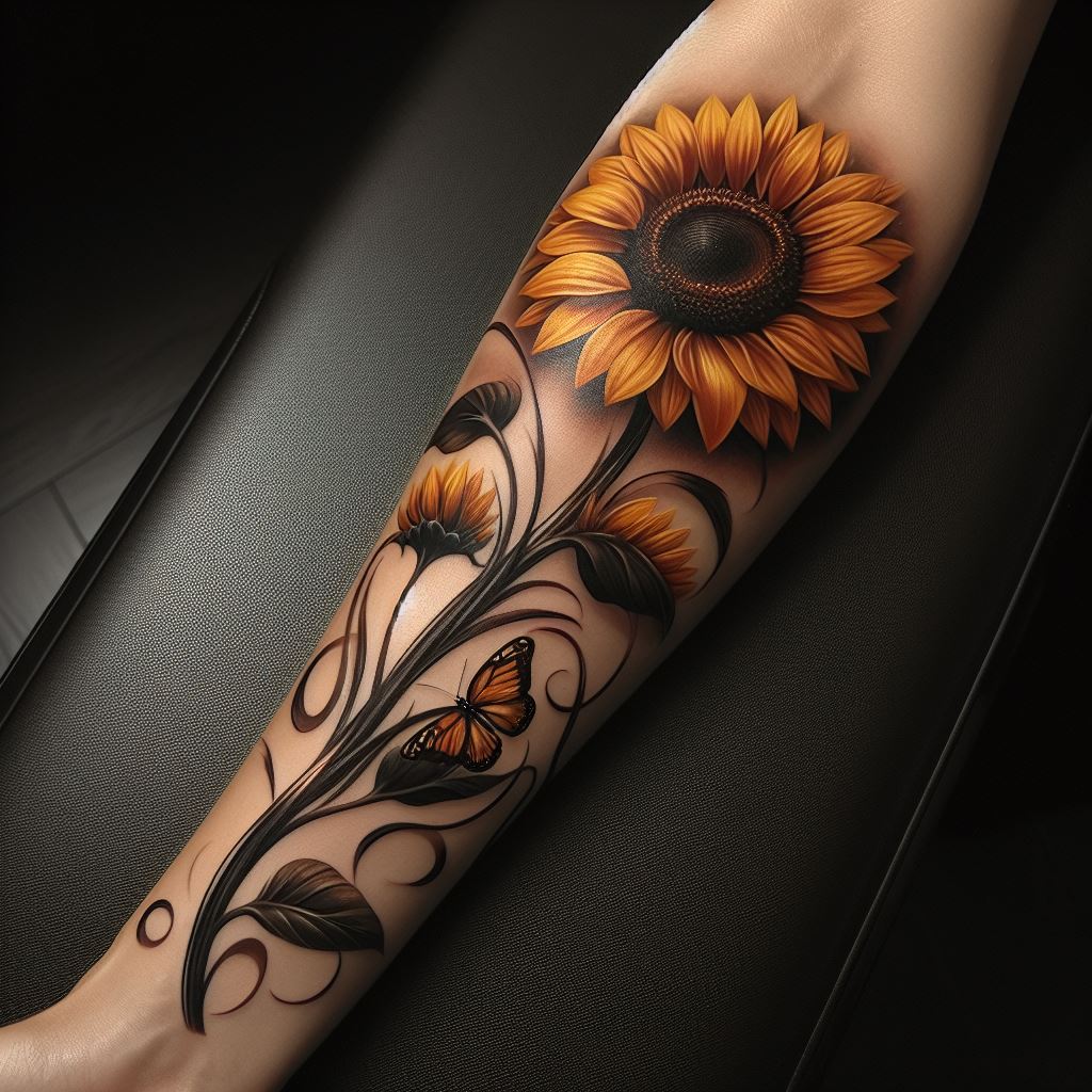 A detailed, realistic sunflower tattoo wrapping gracefully around the forearm. The sunflower should have vibrant yellow petals with a dark brown center, its stem curving naturally along the arm's contours. The background is to be minimal to emphasize the flower, perhaps with a few leaves and a butterfly perched delicately on one petal.