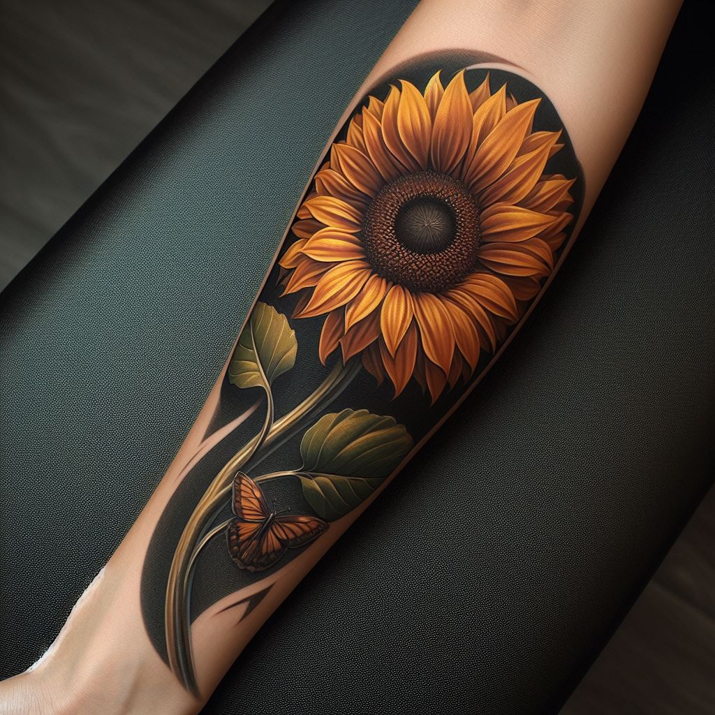 A detailed, realistic sunflower tattoo wrapping gracefully around the forearm. The sunflower should have vibrant yellow petals with a dark brown center, its stem curving naturally along the arm's contours. The background is to be minimal to emphasize the flower, perhaps with a few leaves and a butterfly perched delicately on one petal.