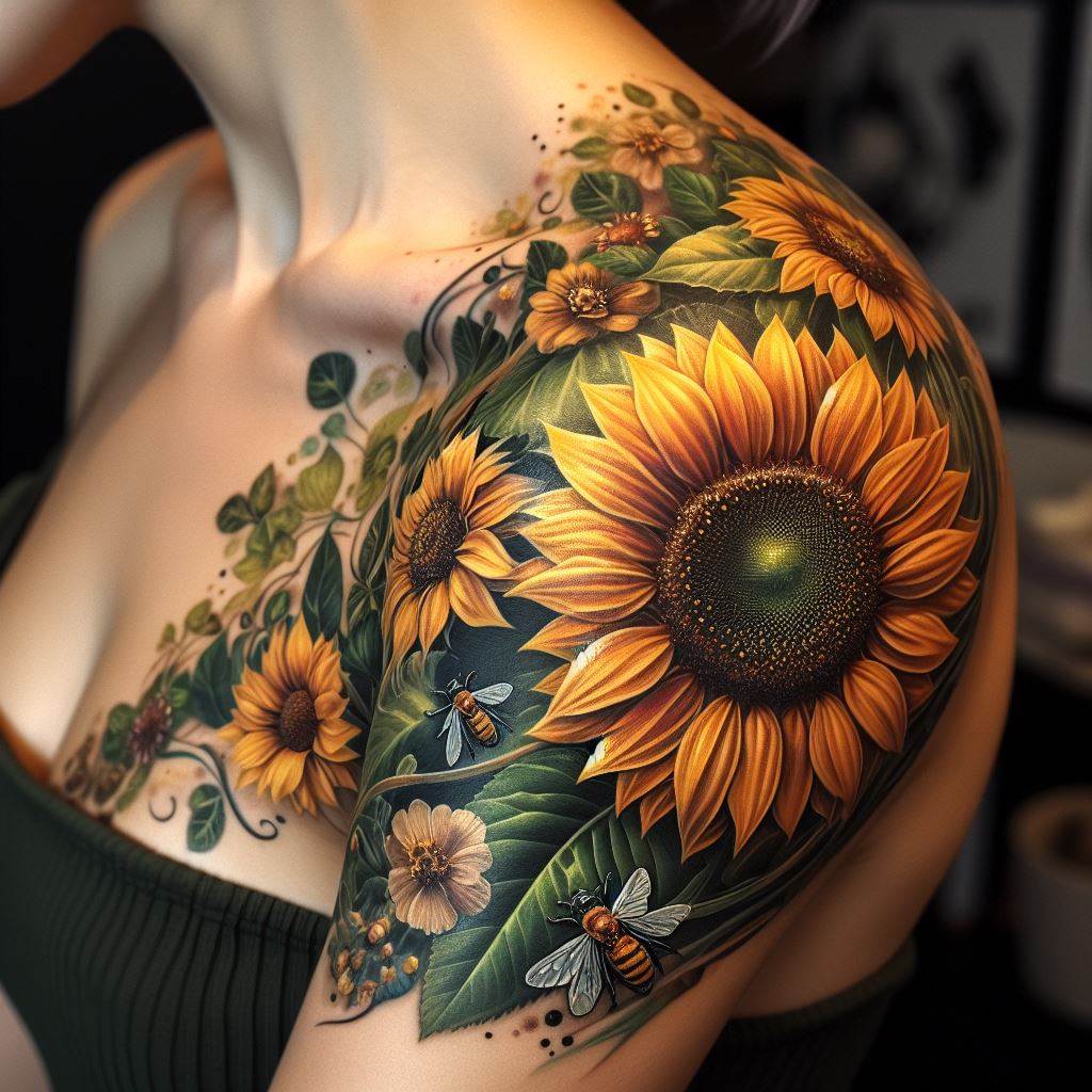 An artistic sunflower tattoo positioned on the shoulder, merging into a half-sleeve design. The sunflower, large and detailed, should dominate the shoulder with its bright yellow petals spreading out. Include elements of nature like small flowers, bees, and soft, green leaves in the background to create a garden-like effect, blending down towards the upper arm.