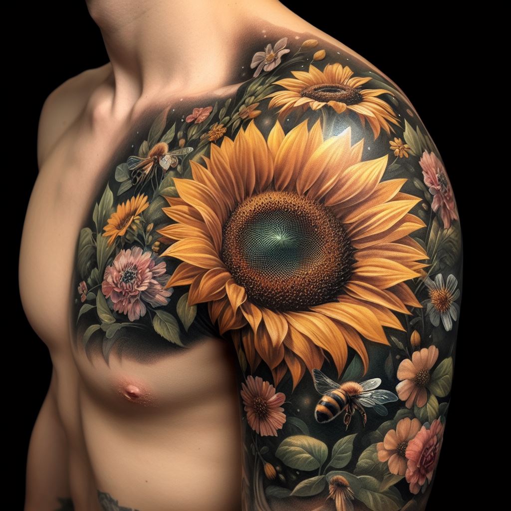 An artistic sunflower tattoo positioned on the shoulder, merging into a half-sleeve design. The sunflower, large and detailed, should dominate the shoulder with its bright yellow petals spreading out. Include elements of nature like small flowers, bees, and soft, green leaves in the background to create a garden-like effect, blending down towards the upper arm.