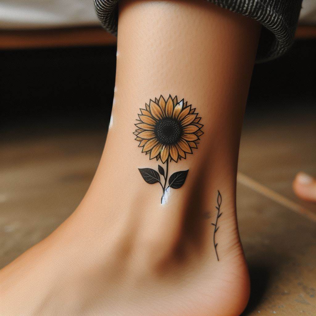 A small, elegant sunflower tattoo located around the ankle, with the flower's stem wrapping slightly around it. The sunflower should be in full bloom, with its yellow petals and dark center depicted in a slightly stylized manner for a more modern touch. Minimalist leaves or vines can be added for a subtle nature-inspired look.