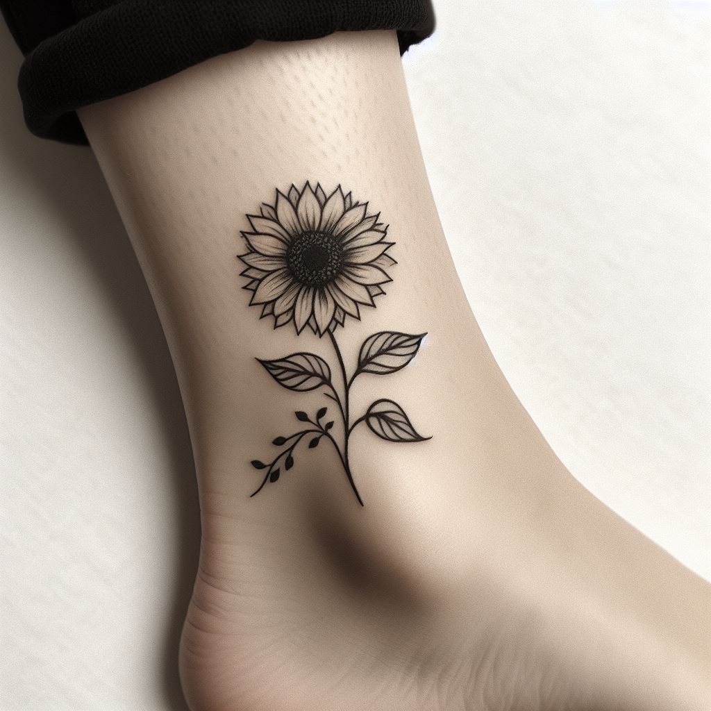 A small, elegant sunflower tattoo located around the ankle, with the flower's stem wrapping slightly around it. The sunflower should be in full bloom, with its yellow petals and dark center depicted in a slightly stylized manner for a more modern touch. Minimalist leaves or vines can be added for a subtle nature-inspired look.