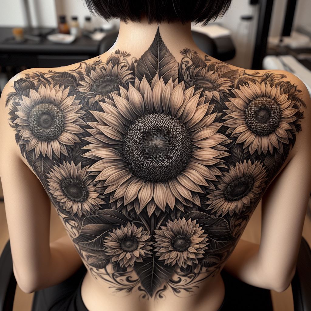 A large, intricate sunflower tattoo covering the upper portion of the back, with multiple sunflowers at different stages of bloom. The main sunflower should be centrally located, with its petals fully spread out, surrounded by smaller sunflowers and foliage. This design should incorporate fine details to give a lifelike appearance, creating a stunning back piece.