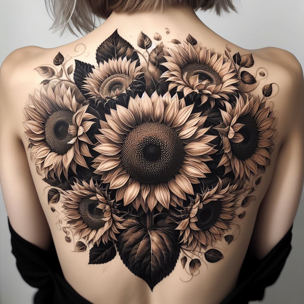 A large, intricate sunflower tattoo covering the upper portion of the back, with multiple sunflowers at different stages of bloom. The main sunflower should be centrally located, with its petals fully spread out, surrounded by smaller sunflowers and foliage. This design should incorporate fine details to give a lifelike appearance, creating a stunning back piece.