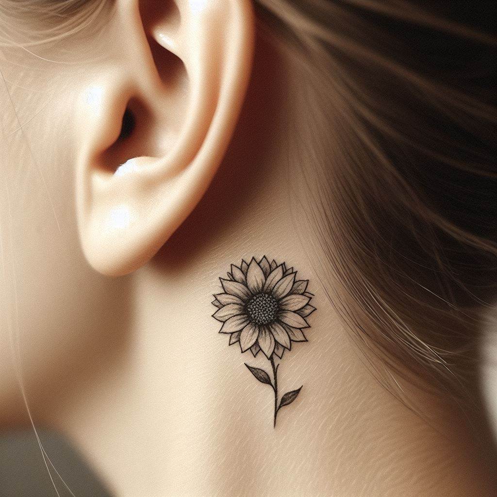 A tiny, delicate sunflower tattoo tucked behind the ear, with just the bloom visible. The design should be simple yet detailed, capturing the essence of a sunflower with a few petals and a visible seed center. This tattoo should look like a whisper of nature, subtle but beautiful when noticed.