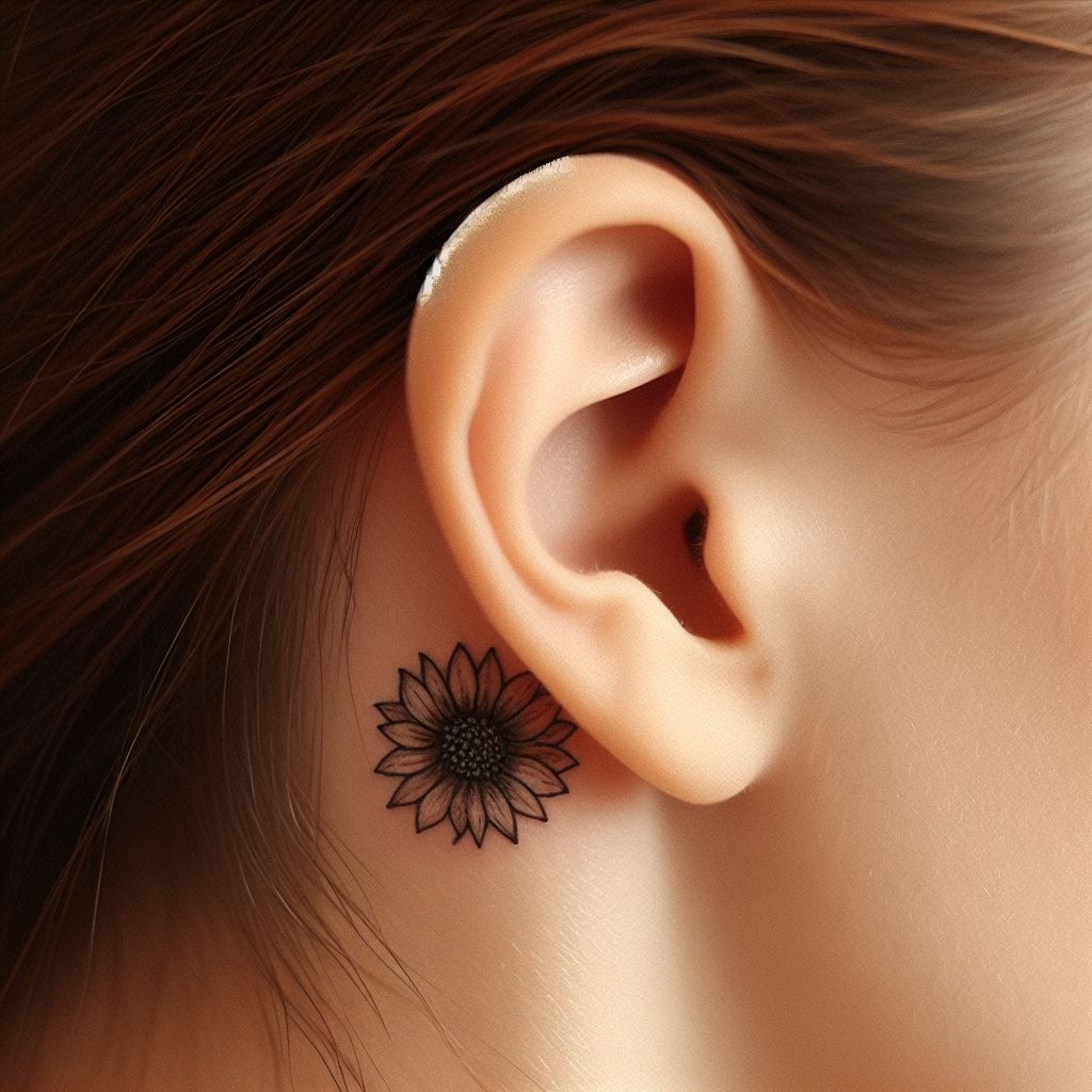 A tiny, delicate sunflower tattoo tucked behind the ear, with just the bloom visible. The design should be simple yet detailed, capturing the essence of a sunflower with a few petals and a visible seed center. This tattoo should look like a whisper of nature, subtle but beautiful when noticed.