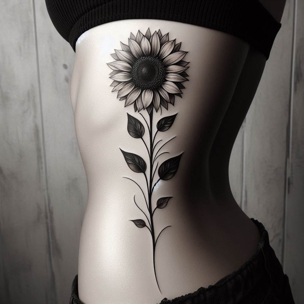A vertically oriented sunflower tattoo along the rib cage, emphasizing the length and elegance of the flower. The design should feature a single sunflower with a tall, slender stem, its large bloom tilted upwards. The tattoo might include a few leaves and be executed in a style that combines realism with a touch of whimsy, to complement the body's curves.