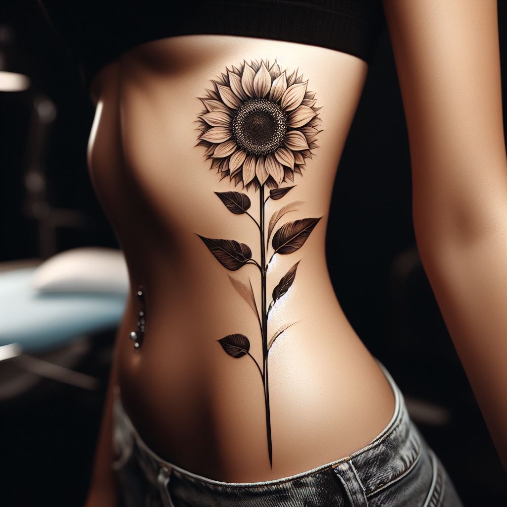 A vertically oriented sunflower tattoo along the rib cage, emphasizing the length and elegance of the flower. The design should feature a single sunflower with a tall, slender stem, its large bloom tilted upwards. The tattoo might include a few leaves and be executed in a style that combines realism with a touch of whimsy, to complement the body's curves.