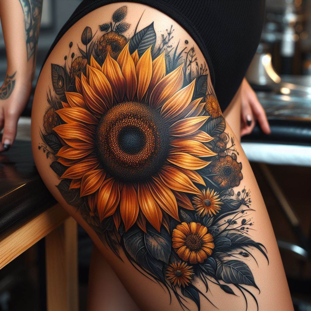 A bold and vibrant sunflower tattoo, sprawling across the side of the thigh. This design features a large sunflower in full bloom, with its detailed petals radiating outwards and a richly textured center. Surrounding the sunflower, add a mix of smaller wildflowers and greenery to create a lively, natural scene. The composition should be balanced, with elements that accentuate the curves and musculature of the thigh.