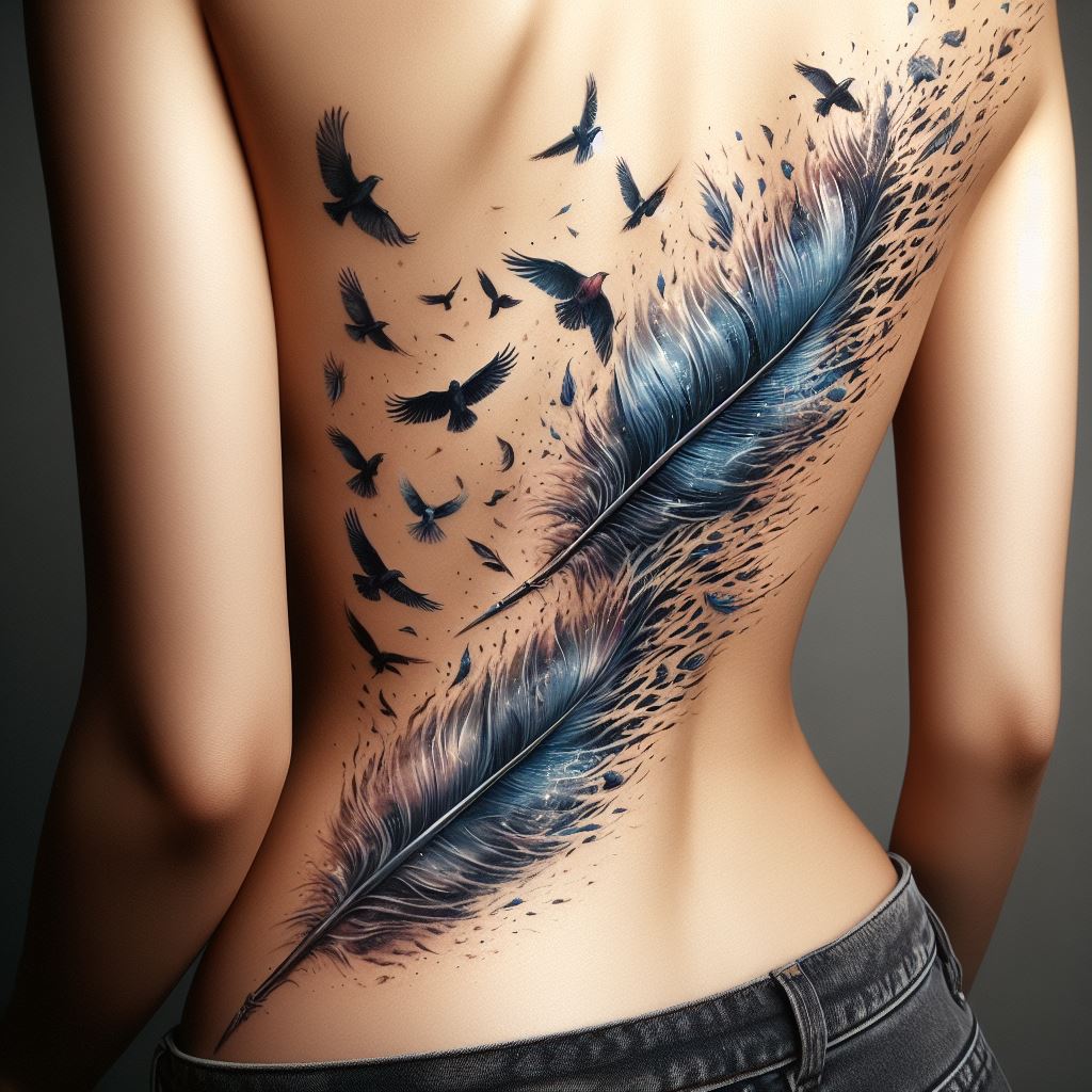 A feather tattoo disintegrating into flying birds along the side of a woman's torso, symbolizing freedom, release, and the beauty of transformation.