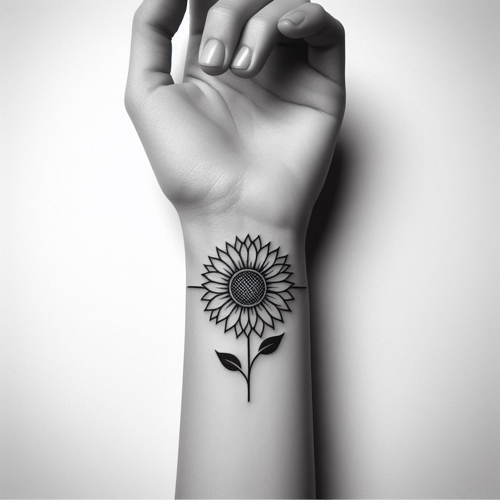 A minimalist sunflower tattoo encircling the wrist like a delicate bracelet. The sunflower should be stylized, focusing on clean lines and geometric shapes to form the petals and center. This design could include a small segment of the stem and a leaf, enhancing the bracelet illusion while keeping the overall look sleek and simple.