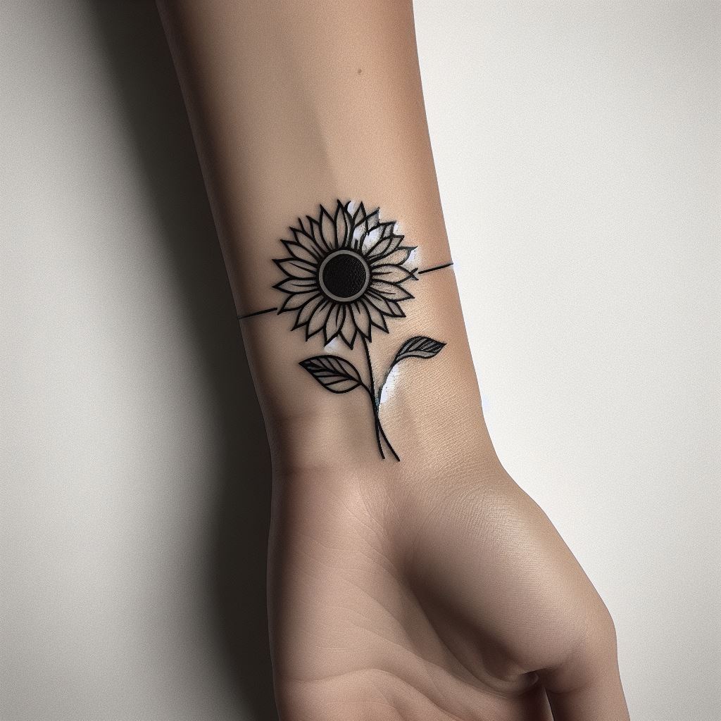 A minimalist sunflower tattoo encircling the wrist like a delicate bracelet. The sunflower should be stylized, focusing on clean lines and geometric shapes to form the petals and center. This design could include a small segment of the stem and a leaf, enhancing the bracelet illusion while keeping the overall look sleek and simple.