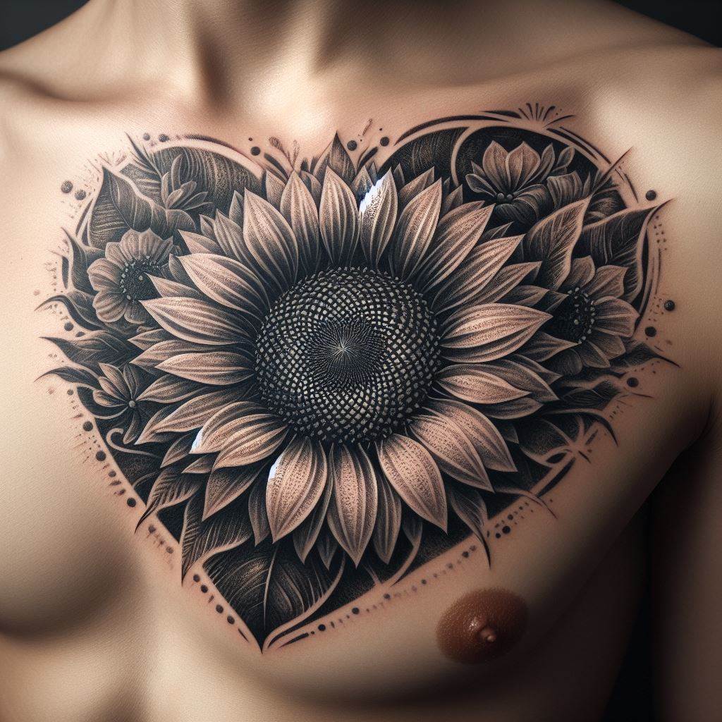 An intricate sunflower tattoo placed over the heart area on the chest, with the bloom facing outward. The design should capture the sunflower in exquisite detail, from the texture of the petals to the seeds in the center. Around the sunflower, incorporate subtle floral motifs and soft shading to create a sense of depth and dimension, making the sunflower appear as if it's radiating from the heart.