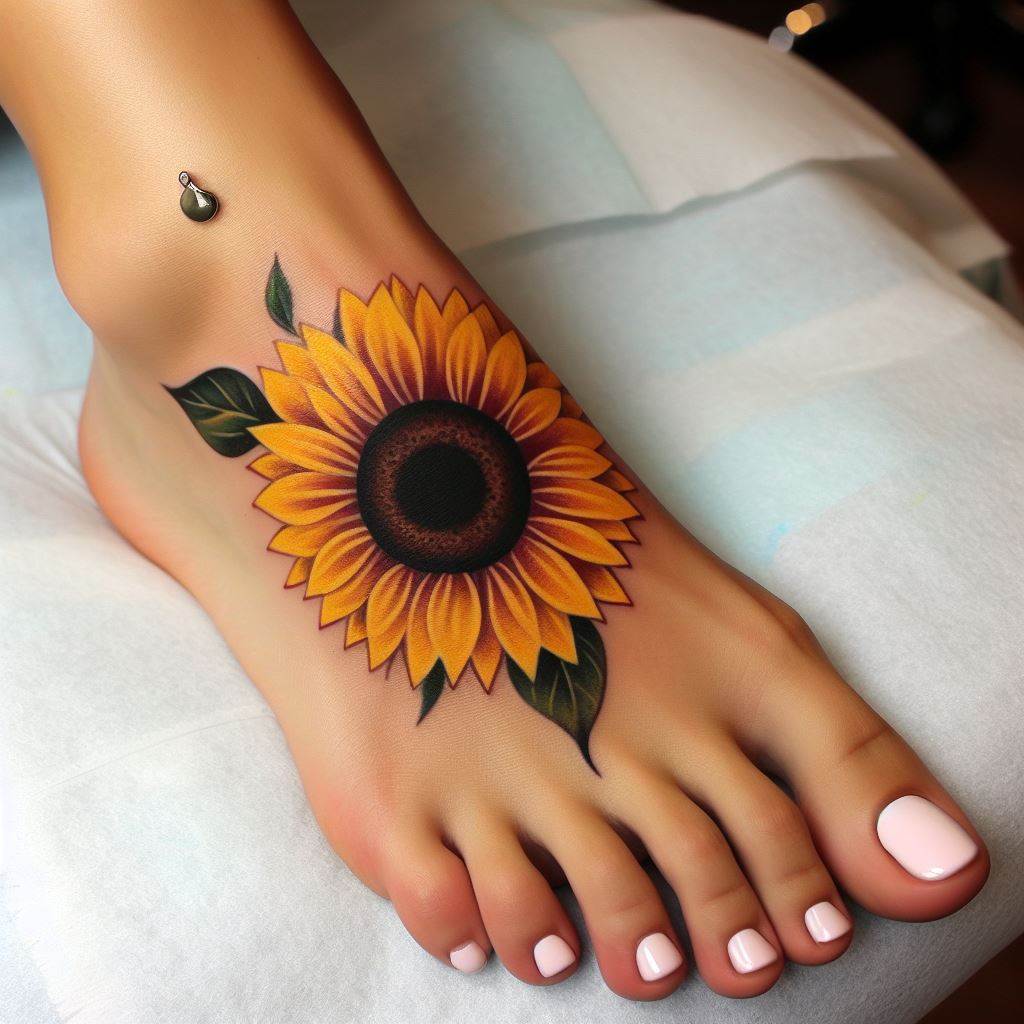 A playful sunflower tattoo adorning the top of the foot, with the petals stretching towards the toes. The sunflower should be depicted in a bright, cheerful style, with a focus on the contrast between the yellow petals and the dark center. A few green leaves can extend onto the ankle, adding a touch of whimsy to this sunny, foot tattoo.
