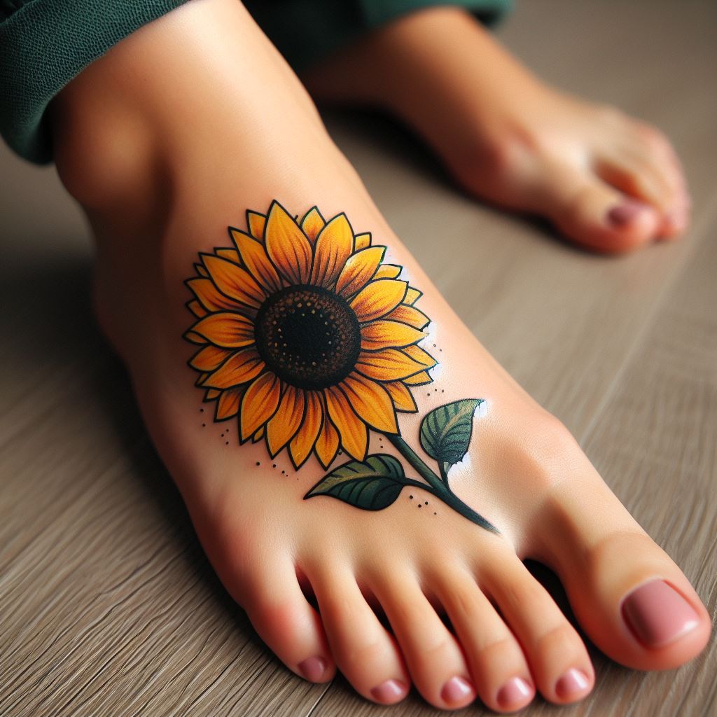 A playful sunflower tattoo adorning the top of the foot, with the petals stretching towards the toes. The sunflower should be depicted in a bright, cheerful style, with a focus on the contrast between the yellow petals and the dark center. A few green leaves can extend onto the ankle, adding a touch of whimsy to this sunny, foot tattoo.