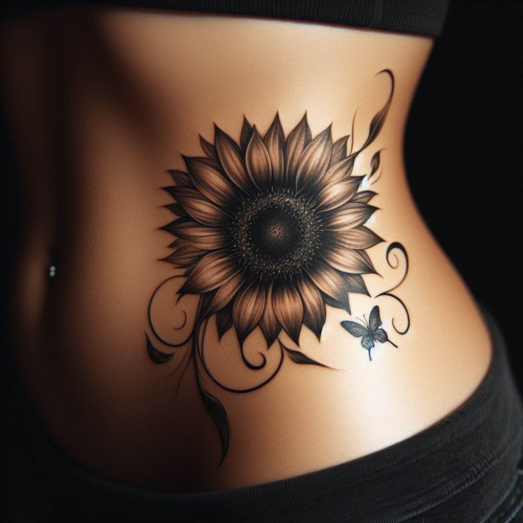 A sensual and feminine sunflower tattoo located on the hip, curving with the body's natural lines. The sunflower should be detailed and realistic, with soft shading to give depth to the petals and center. The design might include a fluttering butterfly or a bee, adding movement and a connection to nature. This tattoo should feel intimate and personal, a hidden gem that complements the body's form.
