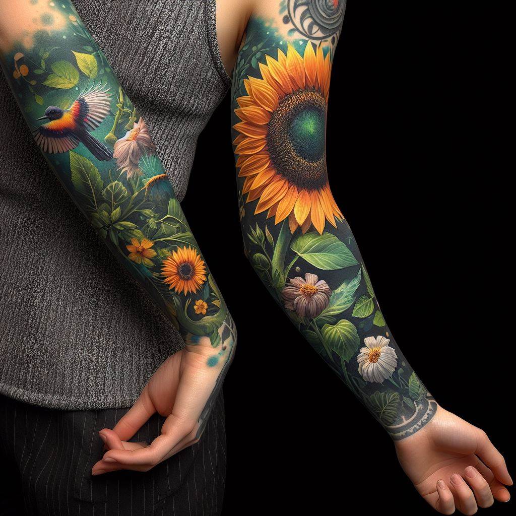 A dynamic sunflower tattoo wrapping around the upper arm, blending into a sleeve with nature-inspired elements. The sunflower, positioned prominently, should be detailed with vibrant colors and a lifelike appearance. Surround it with a mix of green foliage, smaller flowers, and perhaps a bird or insect to create a cohesive and engaging arm sleeve that tells a story of growth and sunshine.