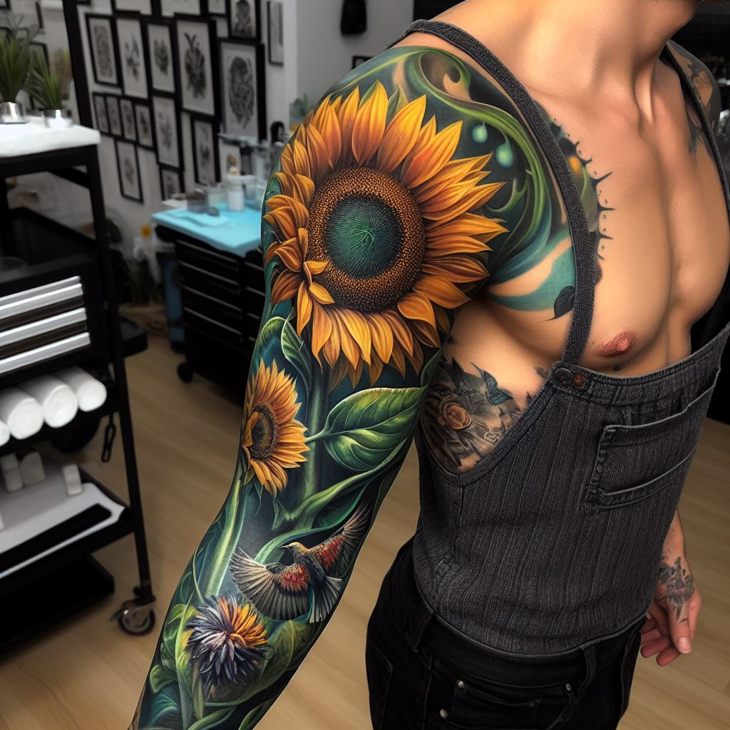 A dynamic sunflower tattoo wrapping around the upper arm, blending into a sleeve with nature-inspired elements. The sunflower, positioned prominently, should be detailed with vibrant colors and a lifelike appearance. Surround it with a mix of green foliage, smaller flowers, and perhaps a bird or insect to create a cohesive and engaging arm sleeve that tells a story of growth and sunshine.