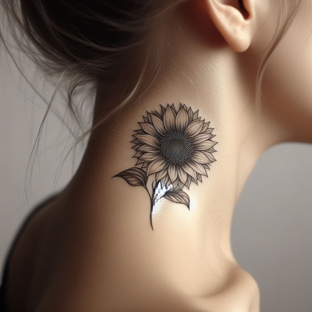 A delicate and subtle sunflower tattoo positioned on the side of the neck, stretching slightly upwards towards the ear. The design should be elegant, with a single sunflower bloom depicted in fine lines and soft shading to highlight the intricate details of the petals and center. This tattoo should blend seamlessly with the natural curves of the neck, making a statement of grace and beauty.