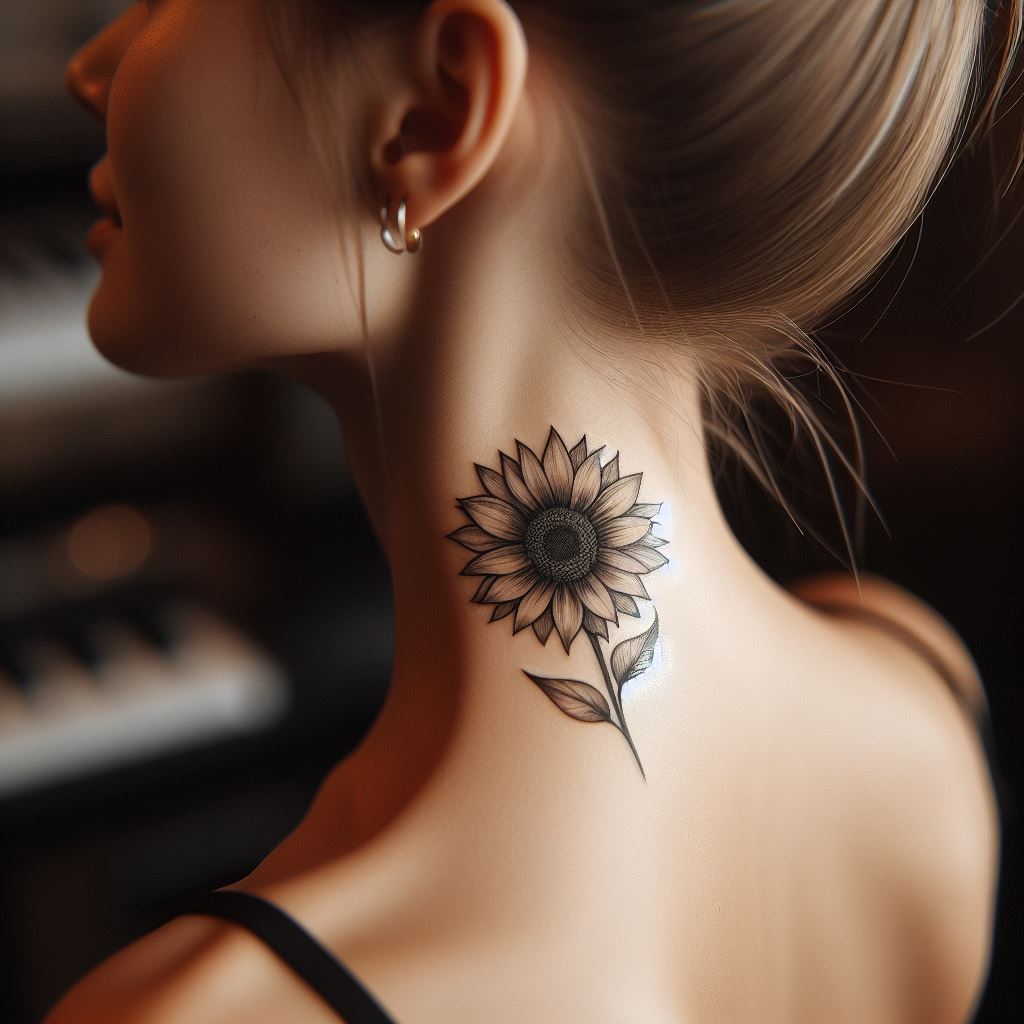 A delicate and subtle sunflower tattoo positioned on the side of the neck, stretching slightly upwards towards the ear. The design should be elegant, with a single sunflower bloom depicted in fine lines and soft shading to highlight the intricate details of the petals and center. This tattoo should blend seamlessly with the natural curves of the neck, making a statement of grace and beauty.